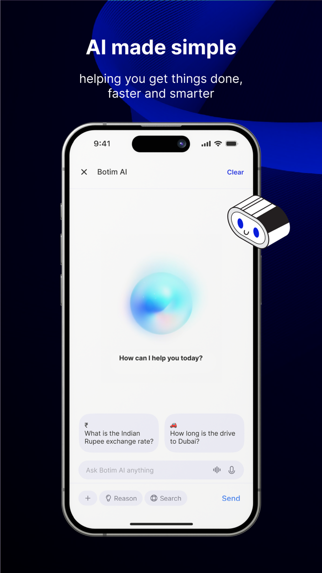 Botim AI 助手界面：中央是提问入口，下方有汇率查询等示例问题