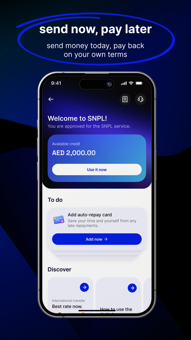 BOTIM 的 SNPL 服务页面,显示可用授信额度与使用入口